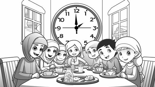 clean lines, coloring book page, no shading, black and white, super-cute cartoon characters, an image that depicts the traditional Muslim practice of fasting during Ramadan. The image should show a serene pre-dawn scene with a family gathered around a table, partaking in the suhoor meal. The room should be dimly lit, there’s a wall clock that shows the time as 3:00am, and the family members should have a peaceful expression on their faces. In the background, you should depict the early morning light just starting to break --ar 16:9