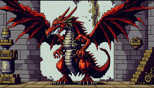 clean pixel art, scary dragon full body view,red dragon, style of metal slug 1996 --ar 16:9 --v 4
