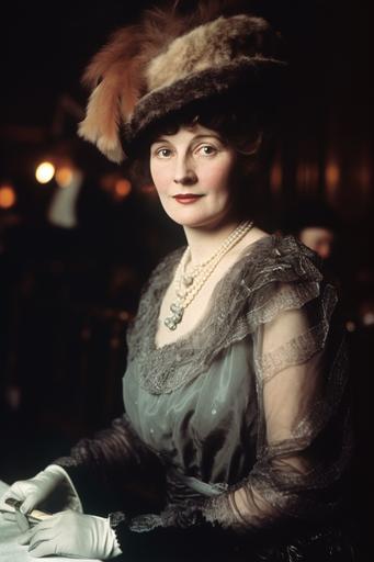 clear celluloid color photograph of the elegant german mrs antoinette flegenheim, first-class passenger on the rms titanic, wearing her diamond jewelry, fur stole, wide-brimmed ostrich feather hat, and satin edwardian evening dress, in the first-class dining saloon on the titanic, digital, 8k --ar 2:3 --v 5.2