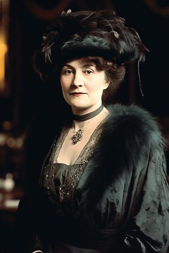 clear celluloid incandescent plasma photograph of the elegant german mrs antoinette flegenheim, first-class passenger on the rms titanic, wearing her diamond jewelry, fur stole, wide-brimmed ostrich feather hat, and satin edwardian evening dress, in the first-class dining saloon on the titanic, digital, 8k --ar 2:3