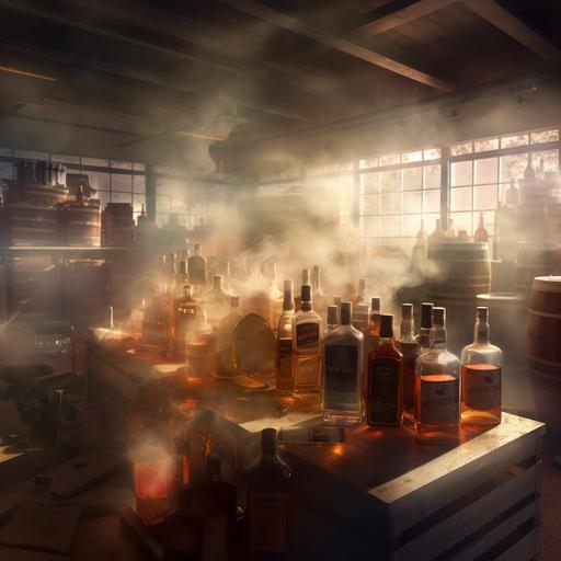 clear glass liquor inside an army store room, light coming from behind, smoke filled photorealistic