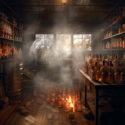 clear glass liquor inside an army store room, light coming from behind, smoke filled photorealistic