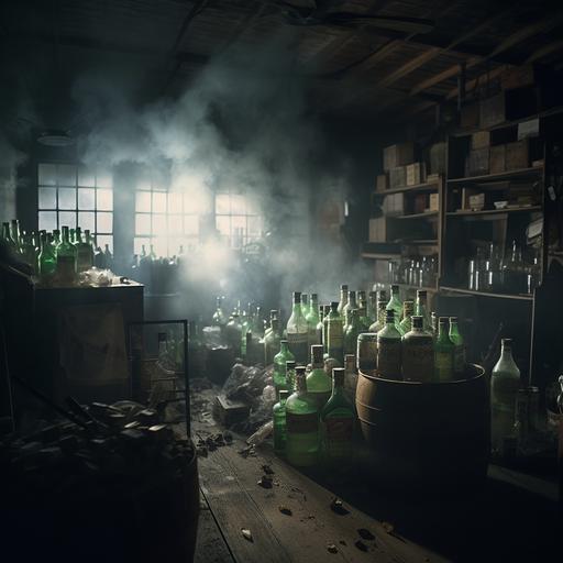 clear glass liquor inside an army store room, light coming from behind, smoke filled photorealistic. 55mm lens f/2.8