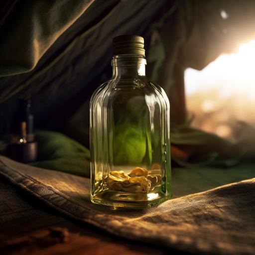 clear liquor bottle inside a canvas olive green army tent. macro lens, light coming from behind, smoke-filled, photorealistic