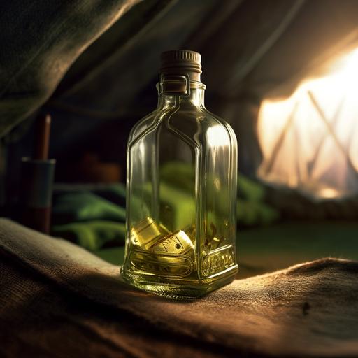clear liquor bottle inside a canvas olive green army tent. macro lens, light coming from behind, smoke-filled, photorealistic