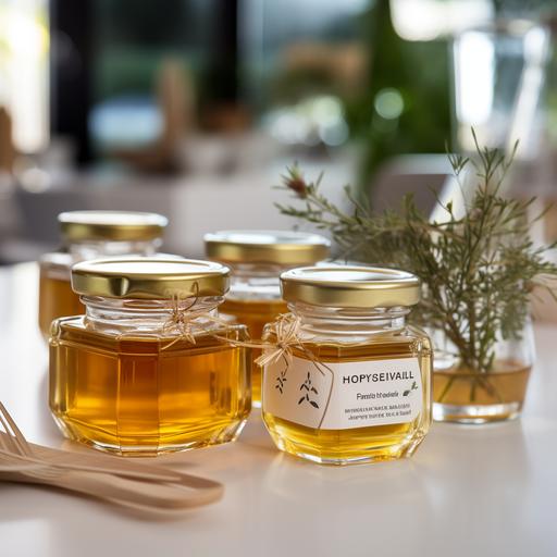 clear plastic label meant for organic greek honey. Empty glass jars in background on table
