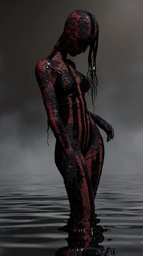 cliches woman wearing a black lace bodystocking and mirrored black and red face paint and black boots, body, no cape, standing, posing, intricate details, full view, depth of field, in the style of mangrove vray tracing, striped, new british sculpture, serge marshennikov, full view, high-contrast shading, photography, --ar 9:16 --v 6.0