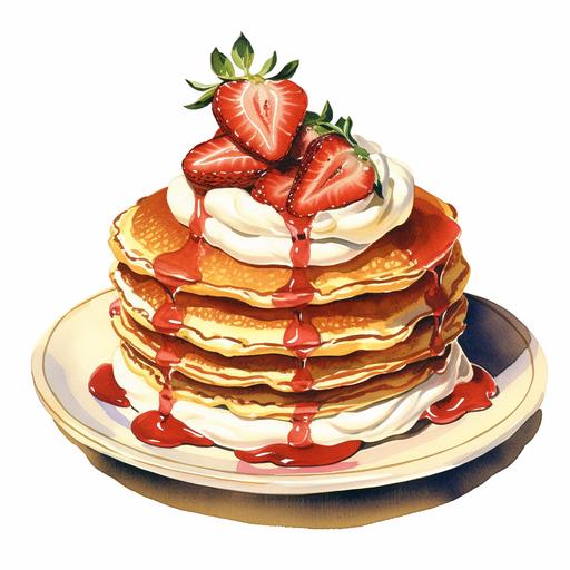 clip art,a vintage watercolor line art of a strawberry pancake