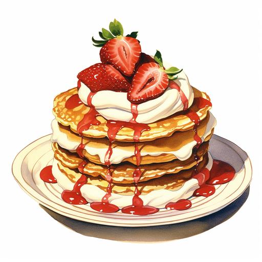 clip art,a vintage watercolor line art of a strawberry pancake