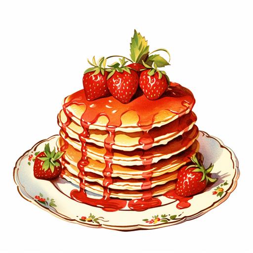 clip art,a vintage watercolor line art of a strawberry pancake