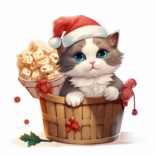 clipart a kitten and a robot on top a basket filled with cookies, popcorn and chocolate, wearing a christmas hat transparent background in studio ghibli style