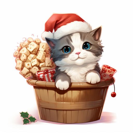 clipart a kitten and a robot on top a basket filled with cookies, popcorn and chocolate, wearing a christmas hat transparent background in studio ghibli style
