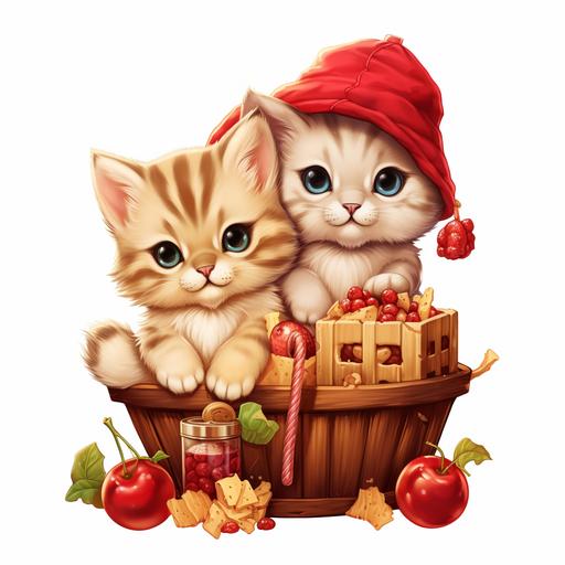 clipart a kitten and a roboto on top a basket filled with apples, cookies, popcorn and chocolate, wearing a christmas hat transparent background in studio ghibli style