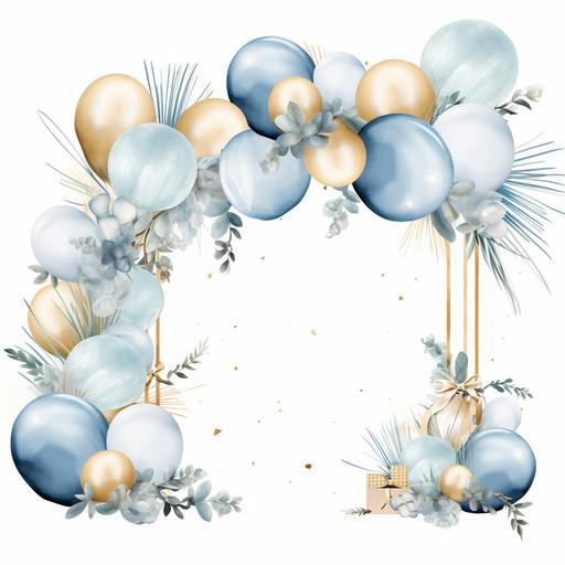 clipart balloon arch clipart, pale blue and gold white, with greenery and gifts, white background