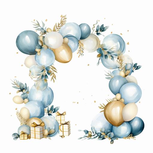 clipart balloon arch clipart, pale blue and gold white, with greenery and gifts, white background