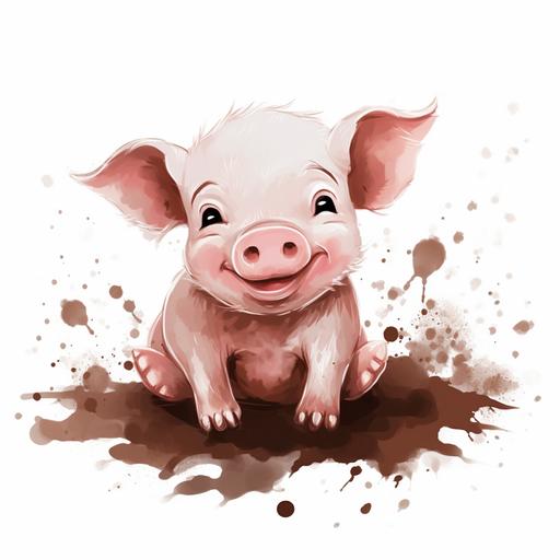 clipart, cute baby pig playing in a mud puddle, white background, add a sense of liveliness to the scene