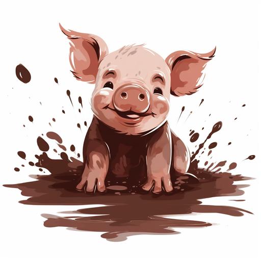 clipart, cute baby pig playing in a mud puddle, white background, add a sense of liveliness to the scene