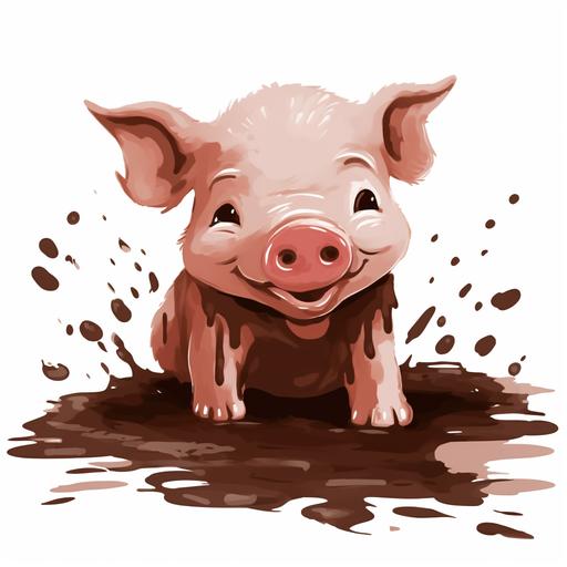 clipart, cute baby pig playing in a mud puddle, white background, add a sense of liveliness to the scene