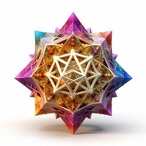 clipart of 3D merkaba, sacred geometry, intricate details, vibrant chakra colors, on white background