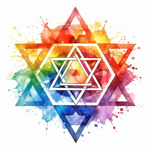 clipart of 3D merkaba, sacred geometry, intricate details, vibrant chakra colors, watercolor splashes, on white background