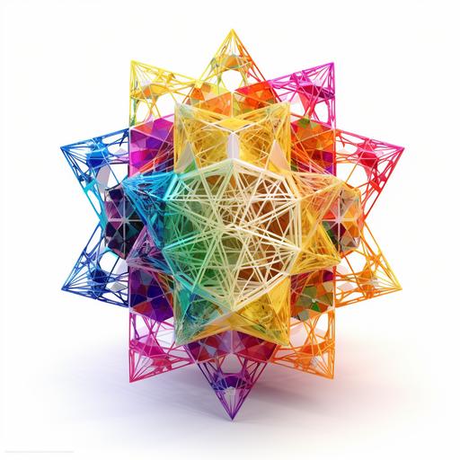 clipart of geometric 3D merkaba, matrix code, intricate, vibrant chakra colors, sacred geometrical patterns, on white background