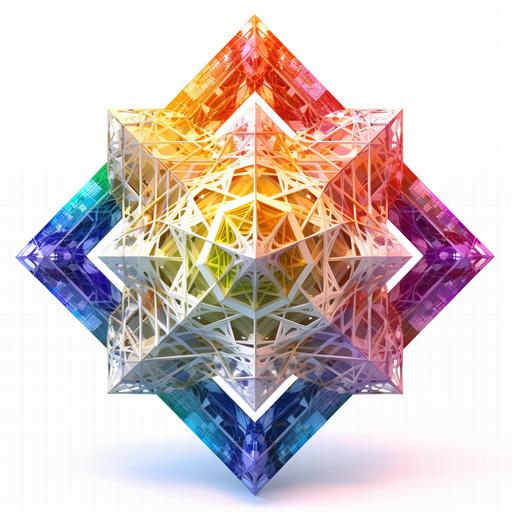 clipart of geometric 3D merkaba, matrix code, intricate, vibrant chakra colors, sacred geometrical patterns, on white background