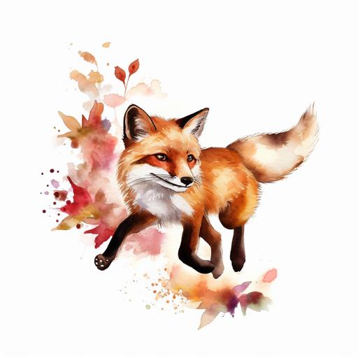 clipart red fox running, woodland character, white background, watercolours --v 5