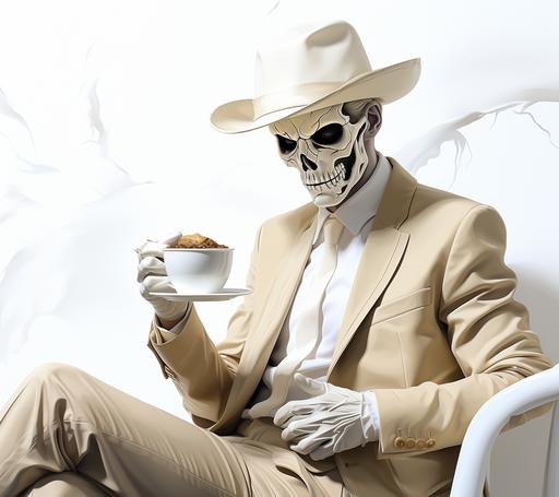 clipart, skeleton on white background, drinking a latte, in the style of bess hamiti, patrick nagel, alasdair mclellan, minimalism --ar 2000:1775 --s 750