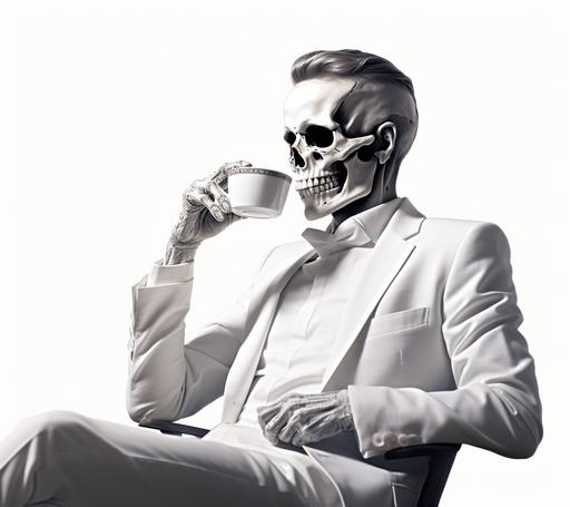 clipart, skeleton on white background, drinking a latte, in the style of bess hamiti, patrick nagel, alasdair mclellan, minimalism --ar 2000:1775 --s 250