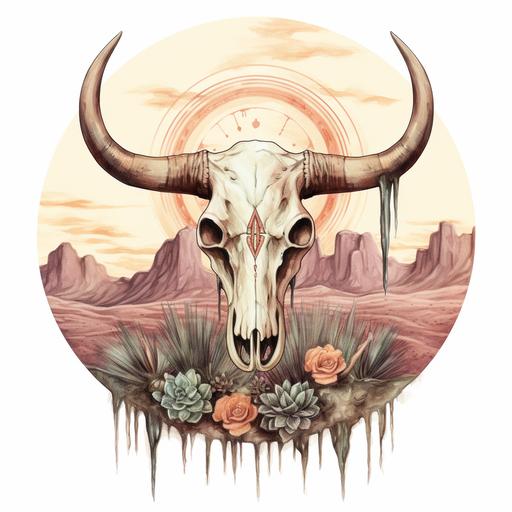 clipart spooky halloween western cow skull in a desert with a full moon, watercolor style, muted pastel colors, ornate and detailed, enchanting lighting, on white background