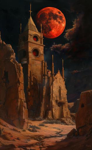 clock tower, in fractal adobe town, night, red full moon, in the desert .Drawn with oil painting, john howe, dark fantasy, detailed --ar 500:809 --v 6.0