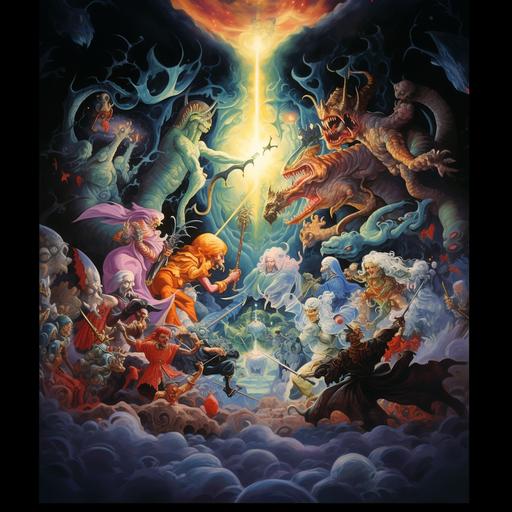 the painting of a bunch of people and monsters fighting in. mystical hotel, in the style of cosmic jester, brothers hildebrandt, masamune shirow, enchanting realms, mystic symbolism, witchcore, m.w. kaluta