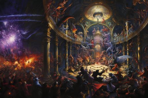 the painting of a bunch of people and monsters fighting in a mystical hotel lobby, in the style of cosmic jester, brothers hildebrandt, masamune shirow, enchanting realms, mystic symbolism, witchcore, m.w. kaluta --ar 3:2