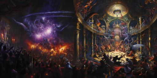 the painting of a bunch of people and monsters fighting in a mystical hotel lobby, in the style of cosmic jester, brothers hildebrandt, masamune shirow, enchanting realms, mystic symbolism, witchcore, m.w. kaluta --ar 2:1