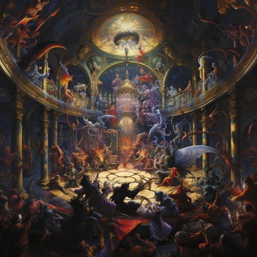 the painting of a bunch of people and monsters fighting in a mystical hotel lobby, in the style of cosmic jester, brothers hildebrandt, masamune shirow, enchanting realms, mystic symbolism, witchcore, m.w. kaluta