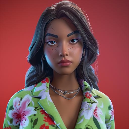 close up, 3d Female Fortnite player, ethnically diverse on a solid red blackground with designer flower outfit--ar 3:2 --v 6.0