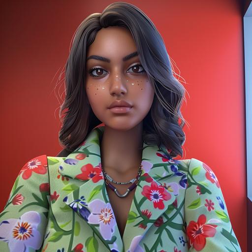 close up, 3d Female Fortnite player, ethnically diverse on a solid red blackground with designer flower outfit--ar 3:2 --v 6.0