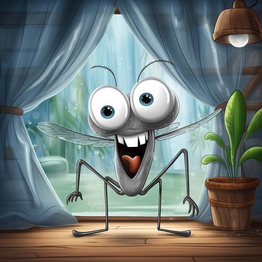 close up a Grey mosquito net leave out of his house a happy mosquito, cartoon style, funny, Grey net,ultra detailed,