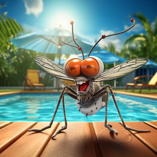 close up a happy mosquito takes a nap hotels the pool, cartoon style, funny, ultra detailed