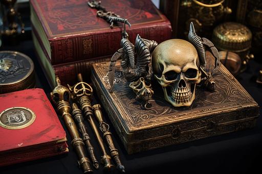 close-up, antique satanic unholy alter supplies in an evil occult case, with ornamental dagger, golden chalice, bell, occult leather-bound spell book, and horned demon skull, on display at a garage sale --ar 3:2 --v 5.2 --style raw