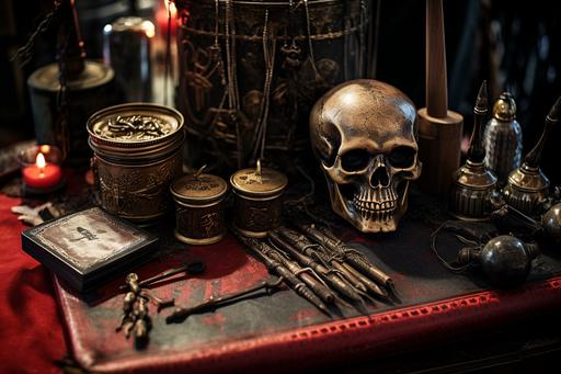 close-up, antique satanic unholy alter supplies in an evil occult case, with ornamental dagger, golden chalice, bell, occult leather-bound spell book, and horned demon skull, on display at a garage sale --ar 3:2 --v 5.2 --style raw