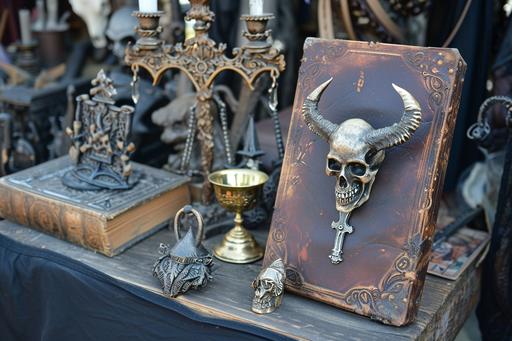 close-up, antique satanic unholy alter supplies in an evil occult case, with ornamental dagger, golden chalice, bell, occult leather-bound spell book, and horned demon skull, on display at a garage sale --ar 3:2 --v 6.0