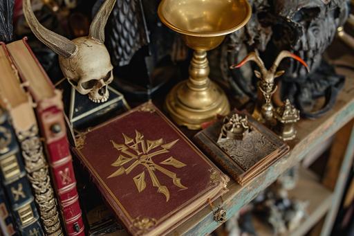 close-up, antique satanic unholy alter supplies in an evil occult case, with ornamental dagger, golden chalice, bell, occult leather-bound spell book, and horned demon skull, on display at a garage sale --ar 3:2 --v 6.0 --style raw