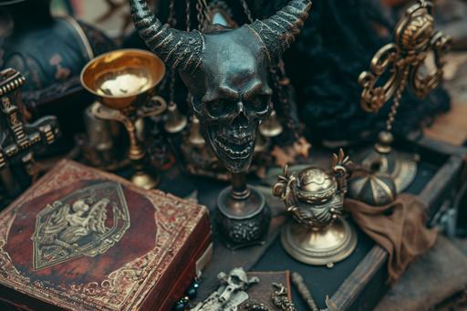 close-up, antique satanic unholy alter supplies in an evil occult case, with ornamental dagger, golden chalice, bell, occult leather-bound spell book, and horned demon skull, on display at a garage sale --ar 3:2 --v 6.0