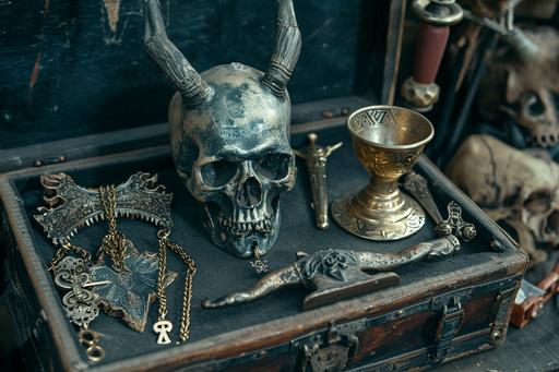 close-up, antique satanic unholy alter supplies in an evil occult case, with ornamental dagger, golden chalice, bell, occult leather-bound spell book, and horned demon skull, on display at a garage sale --ar 3:2 --v 6.0