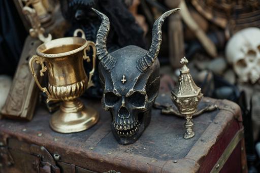 close-up, antique satanic unholy alter supplies in an evil occult case, with ornamental dagger, golden chalice, bell, occult leather-bound spell book, and horned demon skull, on display at a garage sale --ar 3:2 --v 6.0 --style raw