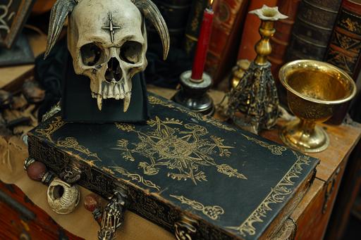 close-up, antique satanic unholy alter supplies in an evil occult case, with ornamental dagger, golden chalice, bell, occult leather-bound spell book, and horned demon skull, on display at a garage sale --ar 3:2 --v 6.0