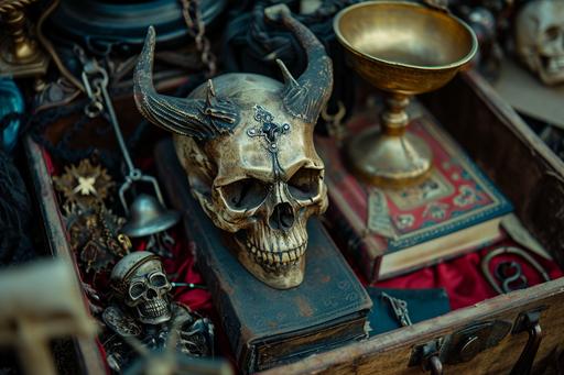 close-up, antique satanic unholy alter supplies in an evil occult case, with ornamental dagger, golden chalice, bell, occult leather-bound spell book, and horned demon skull, on display at a garage sale --ar 3:2 --v 6.0 --style raw