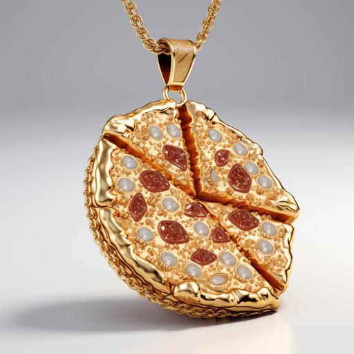 close up, big rapper thick chain with a big pendant of a pizza hanging, 18 carat gold, Realistic, diamond encrusted, White Background, Ultra Realistic, Ultra HD, flash photography