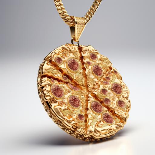 close up, big rapper thick chain with a big pendant of a pizza hanging, 18 carat gold, Realistic, diamond encrusted, White Background, Ultra Realistic, Ultra HD, flash photography